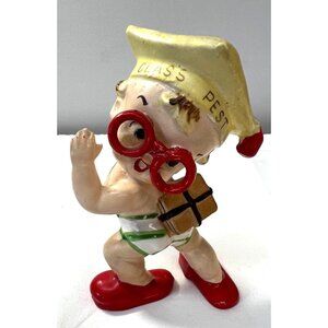 Vintage Ceramic Class Pest Figurine With Red Glasses & Yellow Cap